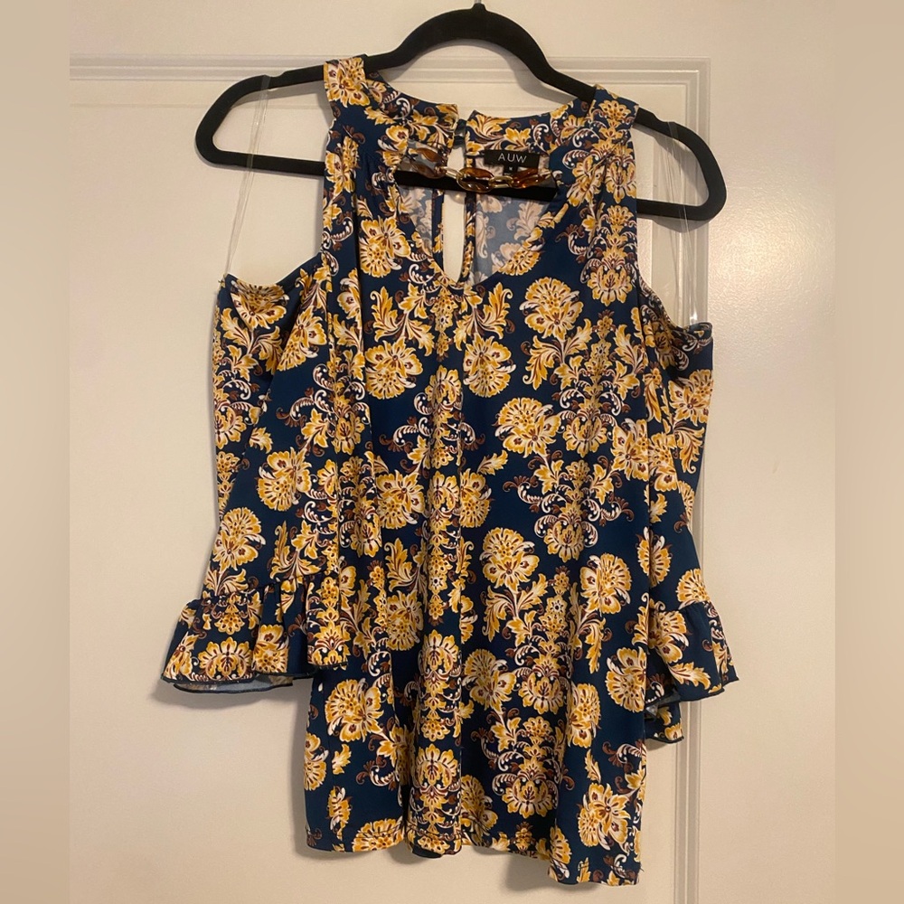 LAST CHANCE NWT Blue and Yellow Cold Shoulder Bell Sleeve Chain Neck Floral Top